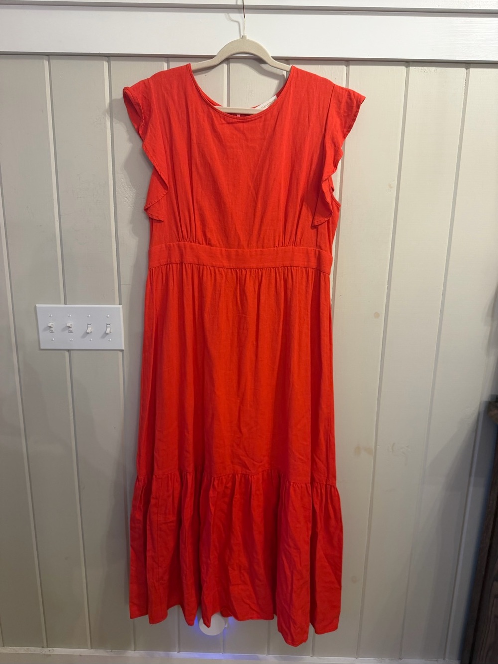 Cynthia Rowley Women's Linen Blend Coral Red Tiered Maxi Dress, Size XL, NWOT
